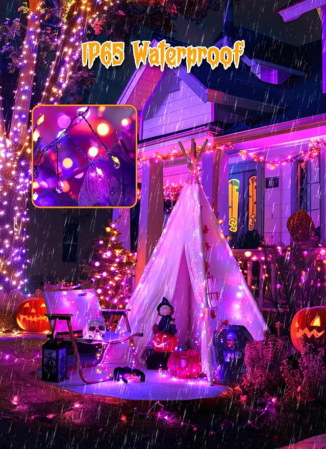 240 LED Solar Fairy Lights Outdoor Waterproof IP65, 20FT 8 Lighting Modes | Solar Christmas Lights Outdoor Waterproof Cascading Twinkle Lights Balcony Garland Patio Christmas Decorations, Orange Purple