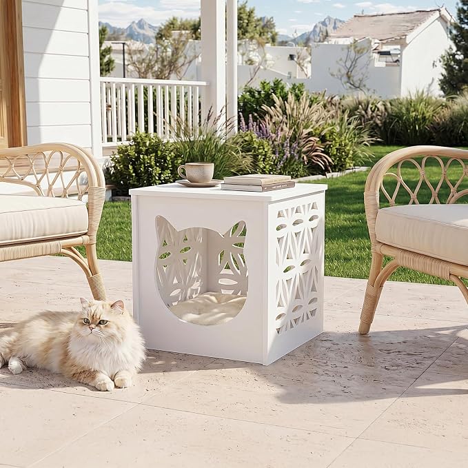VINGLI Outdoor Side Table with Cat House and LED Light, 15.6" Resin Waterproof Square Side Table End Table for Patio Garden Balcony Porch (White)