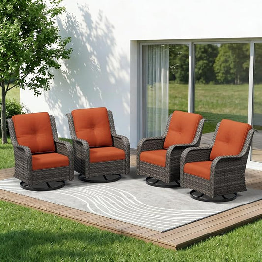4 Piece Outdoor Swivel Rocker Patio Chairs Set, Patio Chairs Set of 4 with Thickened Olefin Cushions, High Back and Deep Seating, Hand-Woven PE Rattan for Porch, Deck, Orange