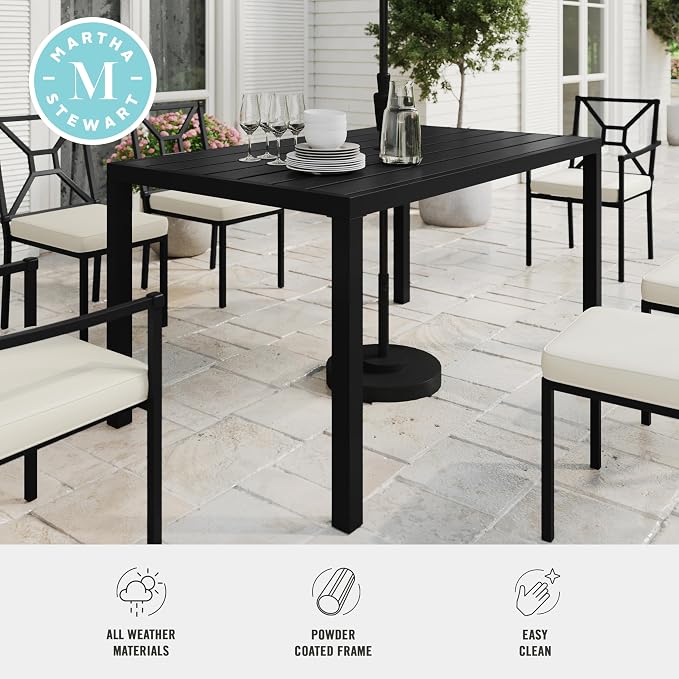 Martha Stewart Lily Pond 60" All-Weather Patio Table with Slatted Tabletop, Umbrella Hole, and Steel Frame in Black