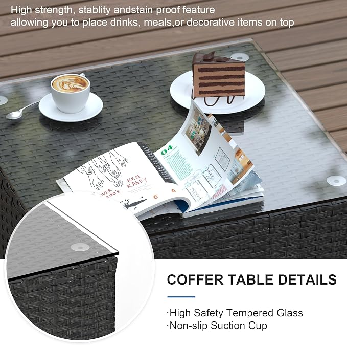 Patio Furniture Set, 5PCS Outdoor Sectional with Ottoman Wicker Rattan Patio Couch with Thickened Cushion Modular Wicker Patio Conversation Set with Glass Top Table for Balcony, Backyard (Black)