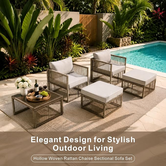 5 Piece Patio Furniture Set, Outdoor Sectional Sofa Set with 2 Ottomans, Coffee Table, Washable Cushions, All Weather Patio Wicker Conversation Set with Arm Chairs for Backyard, Porch, Balcony, Deck