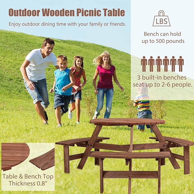 SSLine 6-Person Solid Wood Picnic Table Outdoor Round Picnic Table and Bench Set with Umbrella Hole Outside Wooden Table and Chairs Set for Patio Backyard Garden Lawn (Dark Brown)