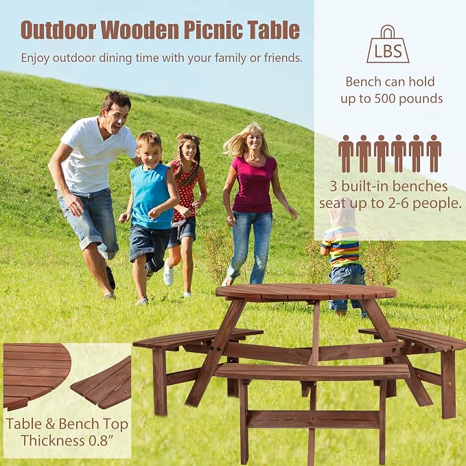 HomVent Wooden Picnic Table and Bench Set, 6-Person Circular Outdoor Table w/ 3 Built-in Benches & Umbrella Hole for Garden, Backyard, Porch (3 Bench, Brown)