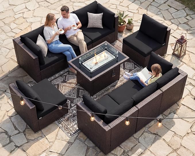 NICESOUL Large Size Patio Furniture Set with Fire Pit Natural Gas/Propane, 29.3'' High Backrest Luxurious Outdoor Modular Sofa Set, 9 Piece Heavy Duty Conversations, Brown Rattan and Black Cushion
