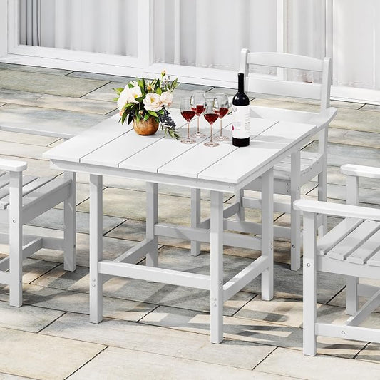 Costaelm Outdoor Patio Table, Outdoor Dining Table for 4, Weather Resistant Square Patio Table with Umbrella Hole for Garden, Poolside, Porch, White