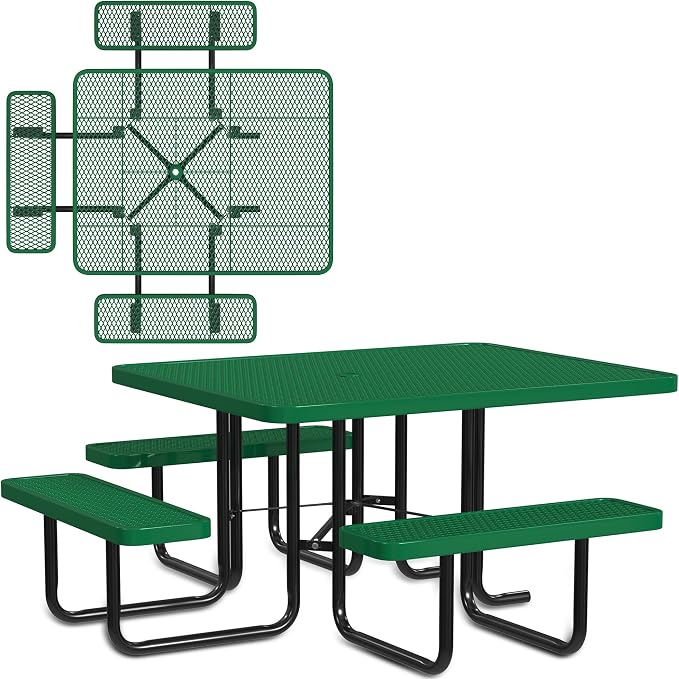 Leisure Craft Metal Picnic Table with Bench - 46" Square Outdoor Dining Table with Umbrella Hole, Heavy Duty Thermoplastic Coating, ADA Compliant, Commercial Grade Furniture Made in USA - Green