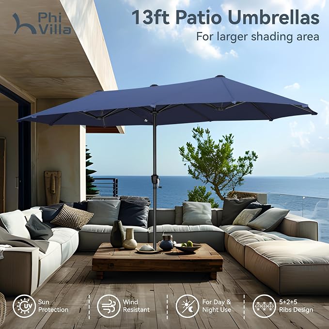PHI VILLA 8 Pcs Outdoor Dining Set with 13ft Umbrella, Mesh Dining Chairs | 60'' wood-look rectangular table, 2 swivel & 4 fixed patio chairs and 13ft navy blue umbrella(NO BASE) for deck, garden, yard