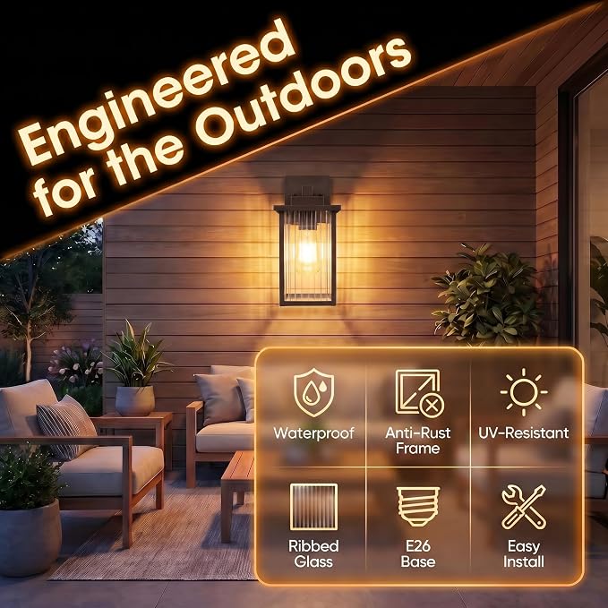 2-Pack 13" Oil-Rubbed Bronze Outdoor Wall Light, All-Metal Porch Light | Textured Glass Softens Glare, Stays Bright. Rust-Resistant Bronze Metal. Pre-Assembled DIY Install. For Porch, Garage & Entry
