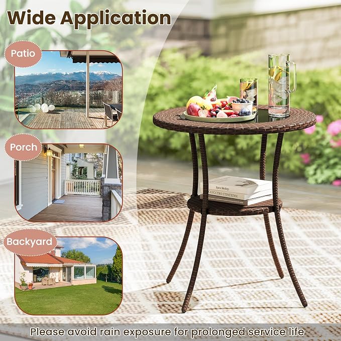 Tangkula 25 inch Patio Wicker Coffee Table Outdoor Backyard Lawn Balcony Pool Round Tempered Glass Top Rattan Steel Frame Side Table Furniture W/Storage Shelf, Brown