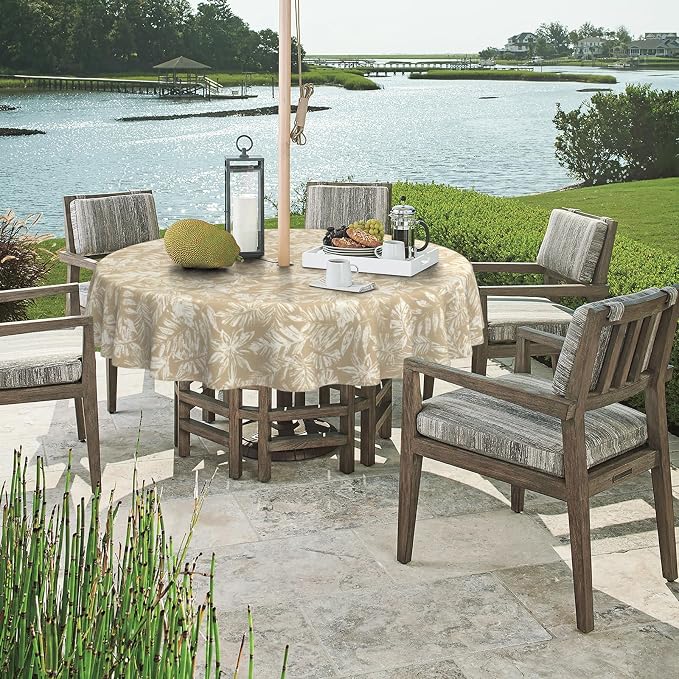 DYTXIII Outdoor Round Tablecloth with Umbrella Hole 60 Inch, Water Repellent & Fade Resistant Table Cover, All Weather Outdoor Tablecloth for Garden & Party Table, Tropical Leaf Oat