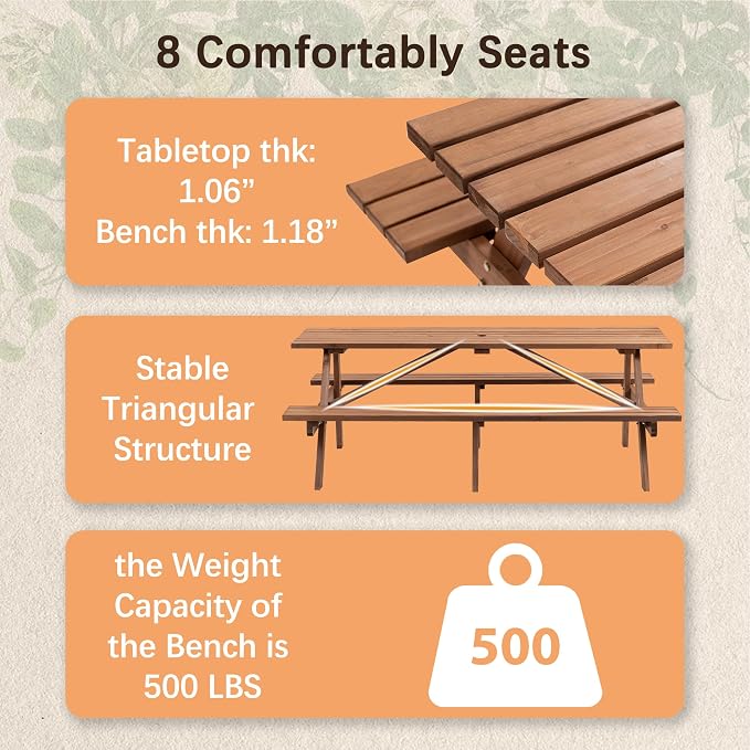 Brown 75" Rectangular Picnic Tables for Outdoors,8 Person Wooden Picnic Tables,Outdoor Camping Dining Tables with 2 Seats DIY with 2 Built-in Benches for Garden Courtyard BBQ