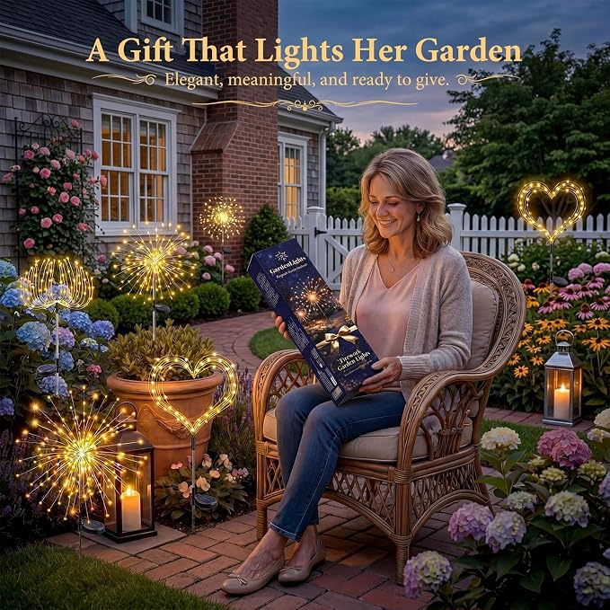 Solar Firework Lights Outdoor 2 Pack, 120LED Starburst Garden Lights Solar Powered with 8 Lighting Modes, Waterproof Decorative Lights for Flower Beds, Walkways, Small Garden & Patio Decor
