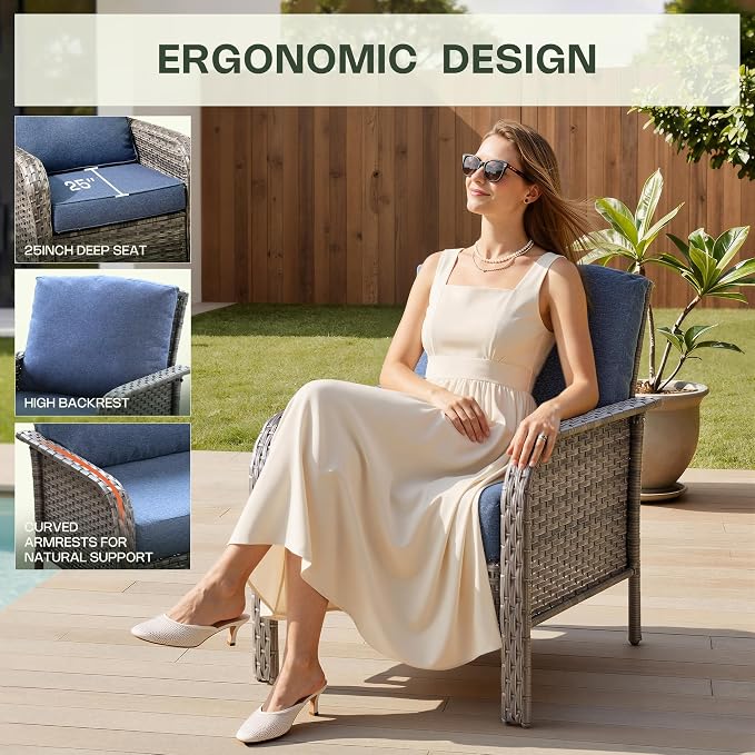 Patio Furniture Set, Outdoor Wicker Chairs of 2, Modern Rattan Outdoor Chairs Conversation Set, All Weather High Back Patio Sofa with Comfy Cushions for Porch, Balcony, Garden, Denim Blue