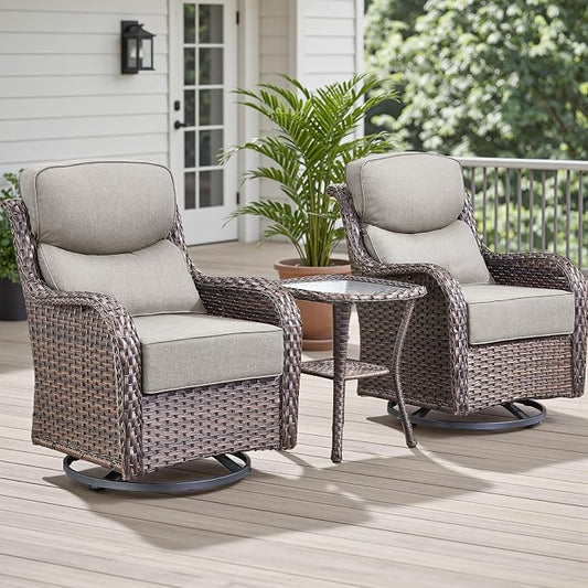 Rilyson Outdoor Patio Furniture Set - Weather Resistant Wicker,High Back,6 inch Cushions,3 Piece Patio Bistro Set with Swivel Rocker Chairs and Side Table for Deck Porch Yard,Brown/Beige