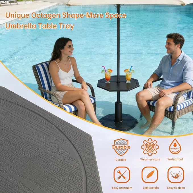 Patio Umbrella Table Tray with LED Light, 23” Outdoor Adjustable Portable Umbrella Table with Hole, All Weather PE Umbrella Tray for Beach, Poolside, Backyard, Garden, Classic Black