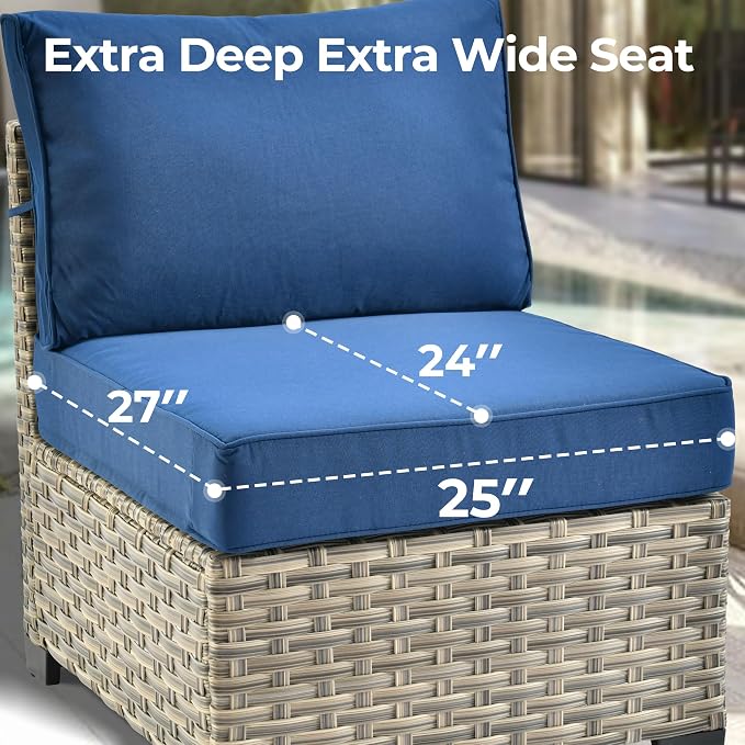 HOOOWOOO Sectional Patio Furniture Set with Solar Light Table,6 Pieces Wicker Outdoor Furniture L Shaped Couch,Outside Conversation Set with Extra Deep Seat Sofa Wide Arm,Navy Blue