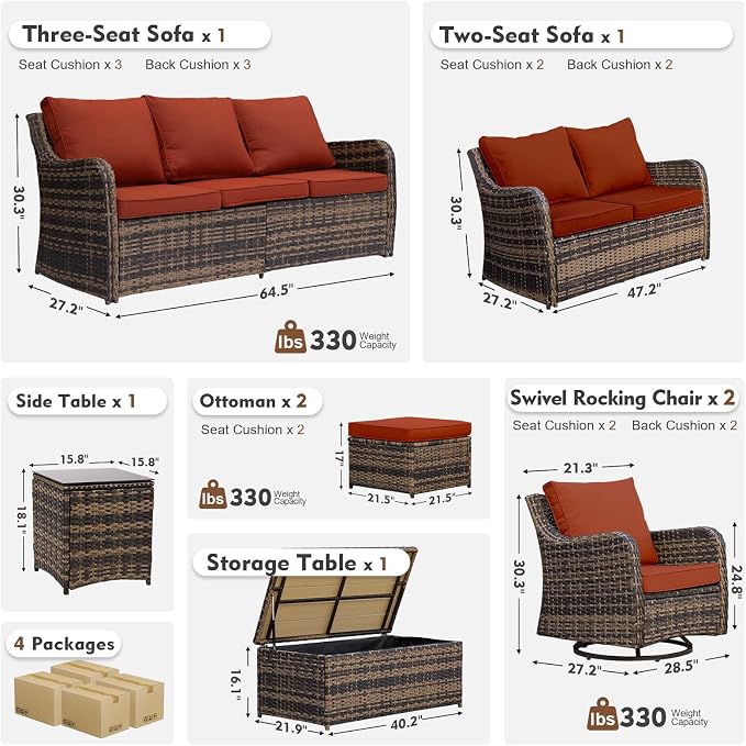 MEISSALIVVE Patio Furniture Set with Swivel Rocking Chairs, 8 Pieces Patio Conversation Set, Outdoor Wicker Sofa Couch with Waterproof Cushions for Lawn Backyard Porch (Red)