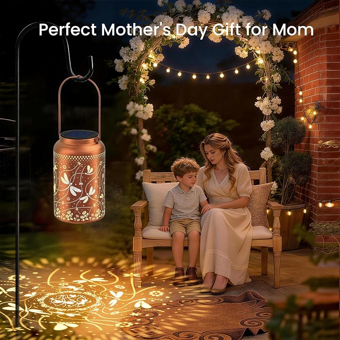 JEJOT Dragonfly Solar Lanterns Outdoor Waterproof,Birthday Gift for Women | Gifts for Mom Grandma, Metal Hanging Solar Light for Yard Garden Porch Landscape Deconration-1Pack
