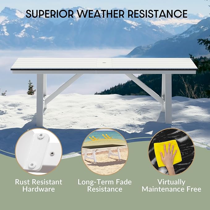 WestinTrends Cape May 90" HDPE Rectangle Outdoor Patio Dining Table with Umbrella Hole and Metal Frame, Black