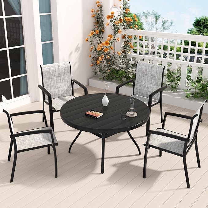 LUMISOL 5-Piece Outdoor Patio Dining Set, Patio Furniture Set with 4 Patio Stackable Dining Chairs and 40.6” Outdoor Metal Round Table, Black+Grey