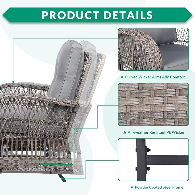 VIVIJASON 4-Piece Outdoor Patio Wicker Conversation Sets, All Weather Outdoor Rattan Furniture Set Includes Glider Loveseat, Coffee Table, 2 Glider Rocker Chairs w/Cushion for Lawn Balcony, Grey