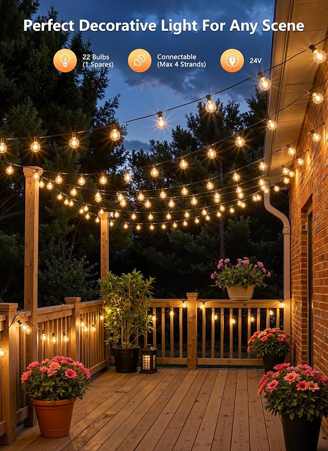 Brightown Outdoor String Lights, 74FT Shatterproof LED Patio Lights with 22 Dimmable Plastic G40 Bulbs, 2700K Waterproof Connectable Hanging String for Backyard, Cafe, Porch, Deck, Home Decor