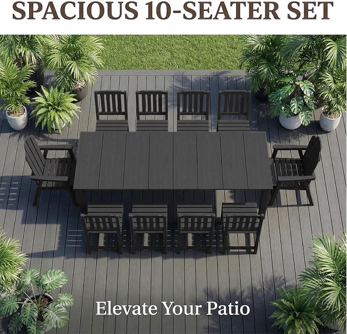 11 Piece Outdoor Dining Set for 10, Patio Table, Chairs Set, Black | 89.4” table,10 person HDPE outdoor dining set, 304 stainless steel, weather resistant up to 10 years for large gatherings