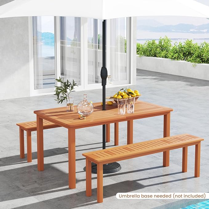 Tangkula 59 Inches Hardwood Patio Dining Table for 6, Outdoor Solid Wood Dining Table with Umbrella Hole & Teak Oil Finish, Rectangular Outside Dining Table for Backyard, Porch, Deck, Garden