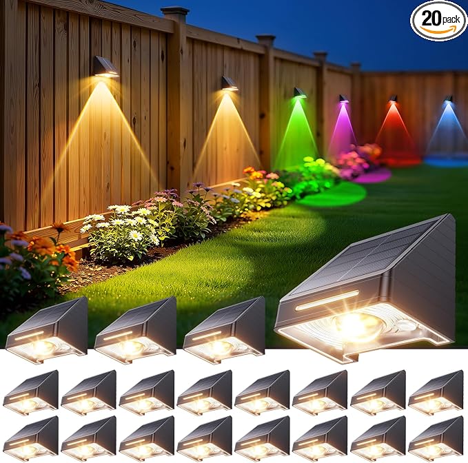 KOOPER Solar Fence Lights Outdoor Waterproof 20 Pack, Solar Fence Lights with Ultra-Bright LED Lens, 10 Modes & 9 Colors Outdoor Solar Lights for Fence, Backyard, Railing, Patio, Wall, Step, Deck