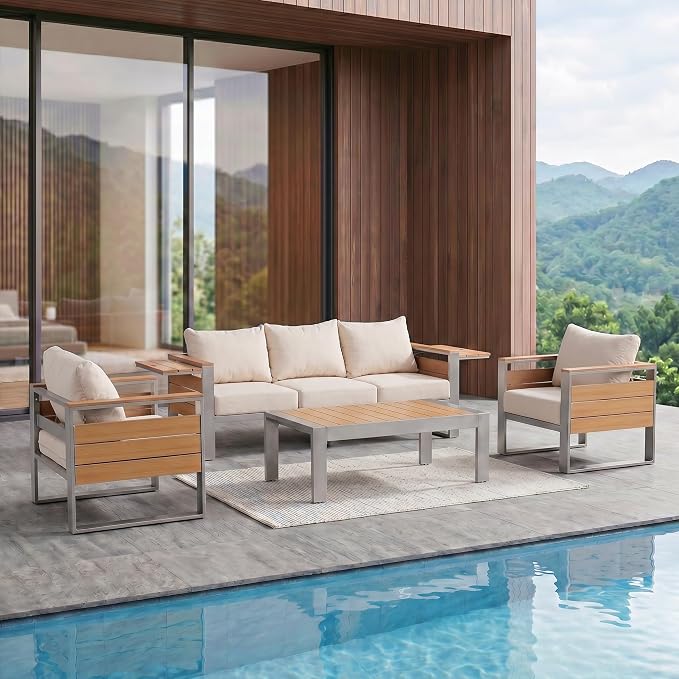 Sundale Outdoor Aluminum Patio Furniture Set, 4 Piece Metal Patio Conversation Sets with 5" Thick Cushions, Shimmer Coated Outdoor Couch with 2 Extendable Side Tables for Yard, Deck (Beige)