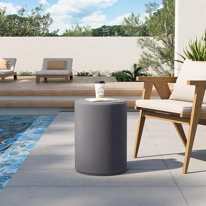 HOMPUS Outdoor Side Table Round, Concrete Lightweight MgO End Table, Patio Accent Coffee Table Garden Tool for Patio, Porch and Deck, Frosted Grey