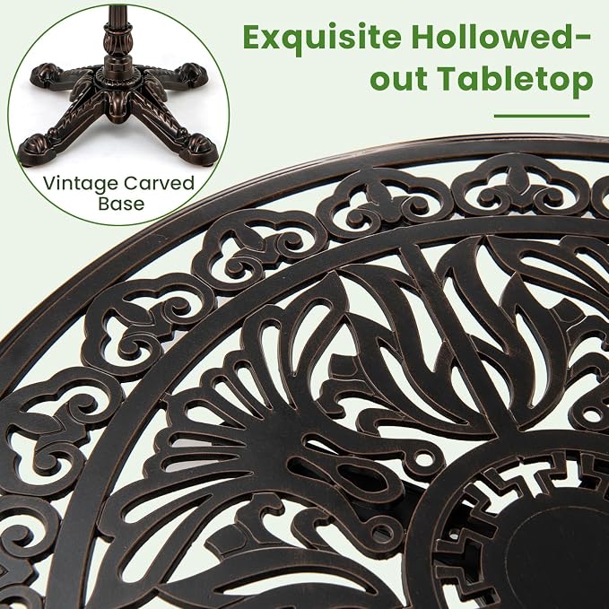 HAPPYGRILL Outdoor Dining Table 27", Cast Aluminum Patio Table with Hollowed-Out Tabletop, Carved Cross Base, Round Outdoor Side Table for Yard, Balcony, Garden, Poolside