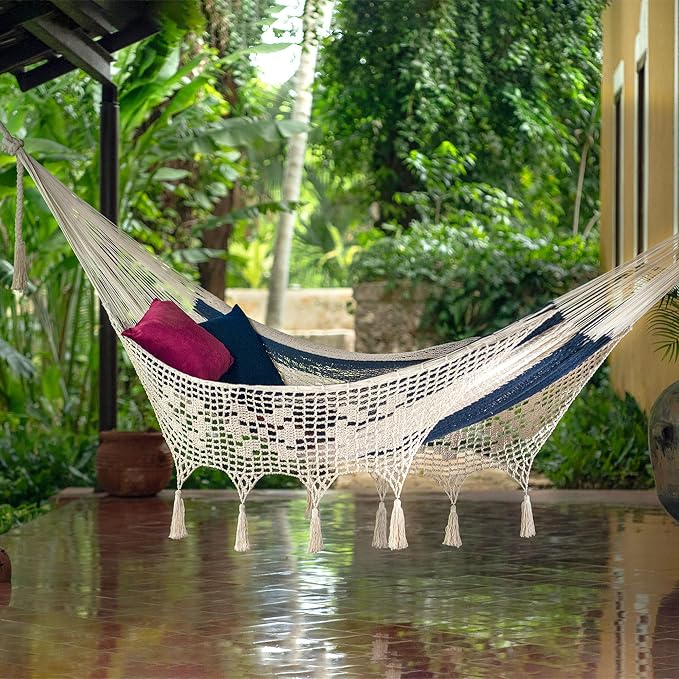 NOVICA Blue and White Striped Hand Woven Cotton Mayan 2 Person XL Rope Hammock with White Crochet Fringe with Hanging Accessories, 'Riviera Romance' (Double)