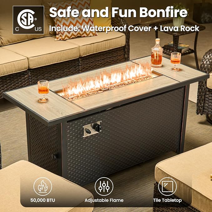 ovios 10-Piece Patio Furniture Set with Swivel Chairs Side Table, Outdoor Wicker Sofa with 54" Fire Pit Table, High Back Couch Modern Conversation Sets, Brown/Beige