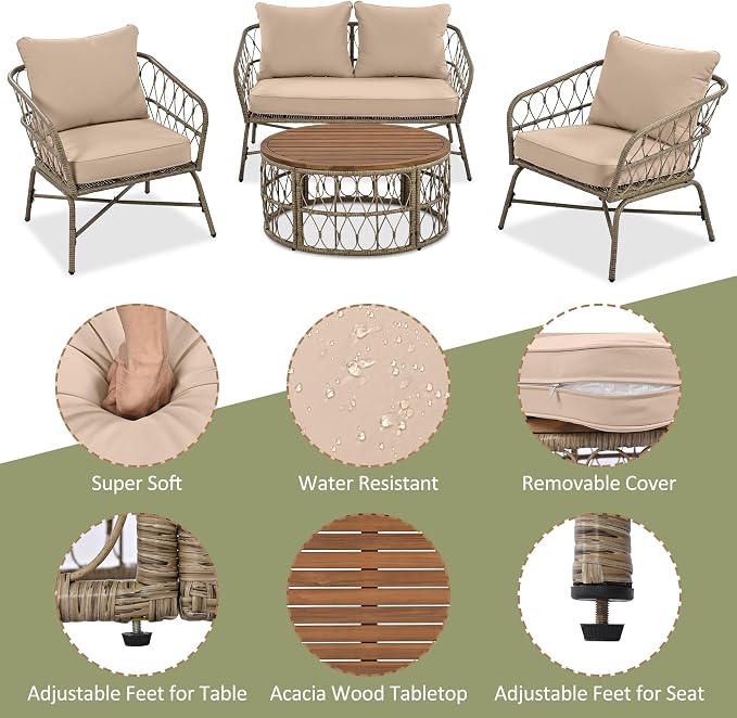 4-Person Outdoor Seating Group Boho Wicker Patio Conversation Set with Removable Cushions and Acacia Wood Table Beige