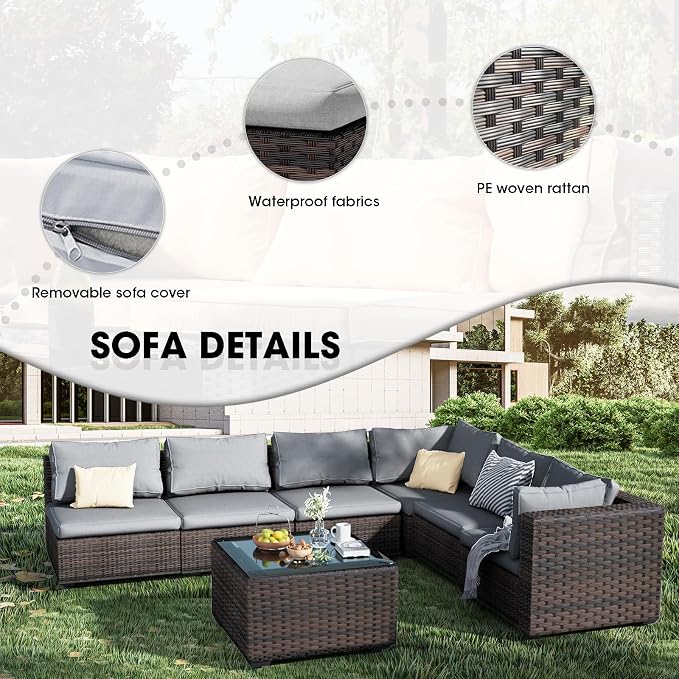 Patio Furniture Set 5 Piece All Weather PE Rattan Outdoor Sectional Sofa Couch with 4 x arm Sofa, No-Slip Cushions and Glass Top Table for Garden, Poolside, Backyard (Gray)