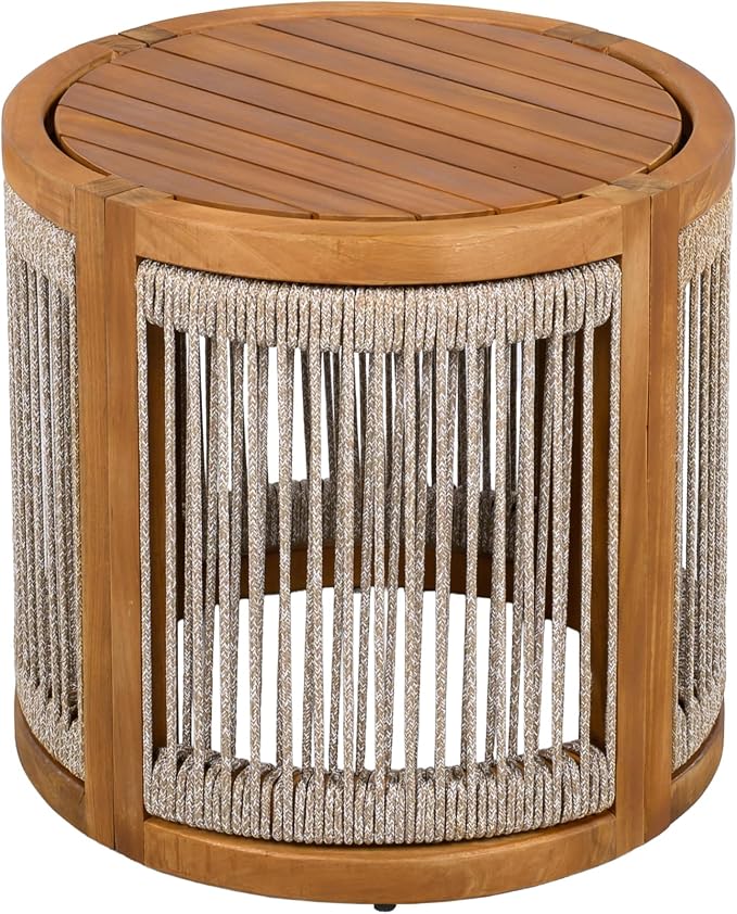 roomfitters 16.9" Acacia Wood Outdoor Side Table, Luxury Handwoven Rope Accent Boho Patio Table, Modern Round Slatted Garden End Table