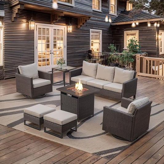 Belord 7 Pieces Patio Furniture Set with Fire Pit Table: Wicker Patio Conversation Set with Outdoor Swivel Glider Rocker Patio Couch Metal Side Table, All Weather Brown Rattan