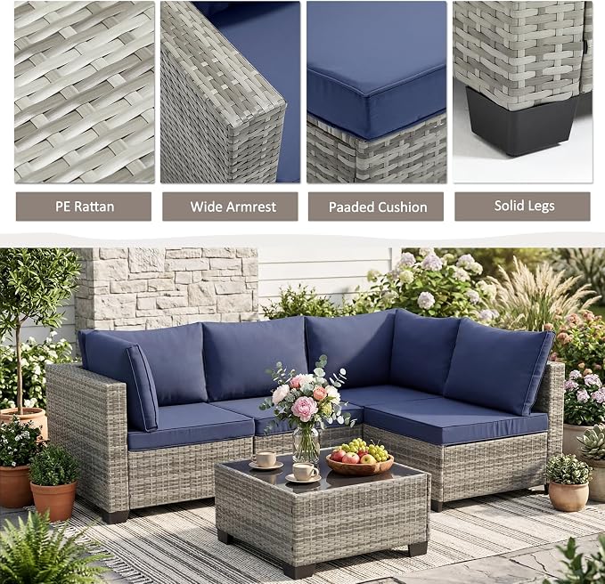 ANJ 3 Piece Outdoor Wicker Patio Furniture Set, Modular Loveseat Sofa with with Glass Top Coffee Table, All-Weather Rattan Conversation Couch Set for Balcony, Backyard, Light Grey Wicker-Blue