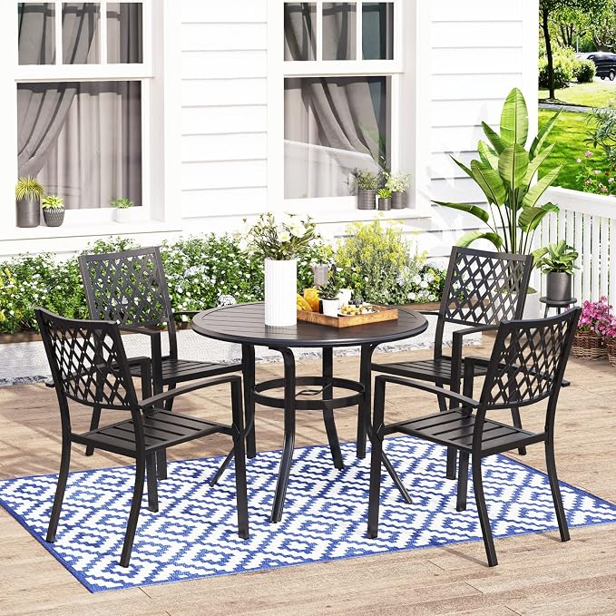 MFSTUDIO Outdoor Dining Set for 4, Round Patio Table and Chairs Set, Metal Patio Furniture Set for Deck, Backyard, Poolside & Garden