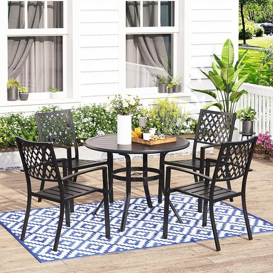 MFSTUDIO Outdoor Dining Set for 4, Round Patio Table and Chairs Set, Metal Patio Furniture Set for Deck, Backyard, Poolside & Garden
