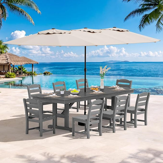 SERWALL 10 Piece Outdoor Dining Set with 15ft Triple-Head Foldable Umbrella(Based not Included), 84" HDPE Outdoor Table and Armless Chairs Set for 8, Gray