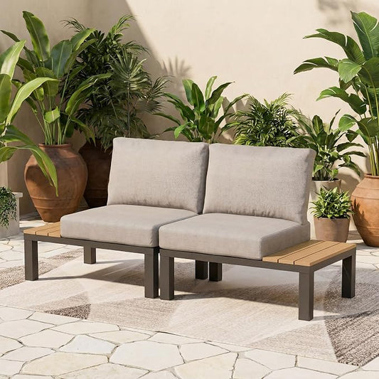 ZANDOR Aluminum Outdoor Patio Furniture Set, Movable Backrest Modular Sectional Sofa Set, Metal Conversation Set with 4-inch Thick Cushion for Garden Backyard Porch, 2 Side Table Sofas, Grey