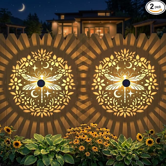 2 Pack Solar Fence Lights Metal Solar Powered Outdoor Wall Deck Step Lights Dragonfly Floral Theme Waterproof Fence Light for Garden Post Patio Backyard Yard Decor, Gardening Gifts for Women Mom