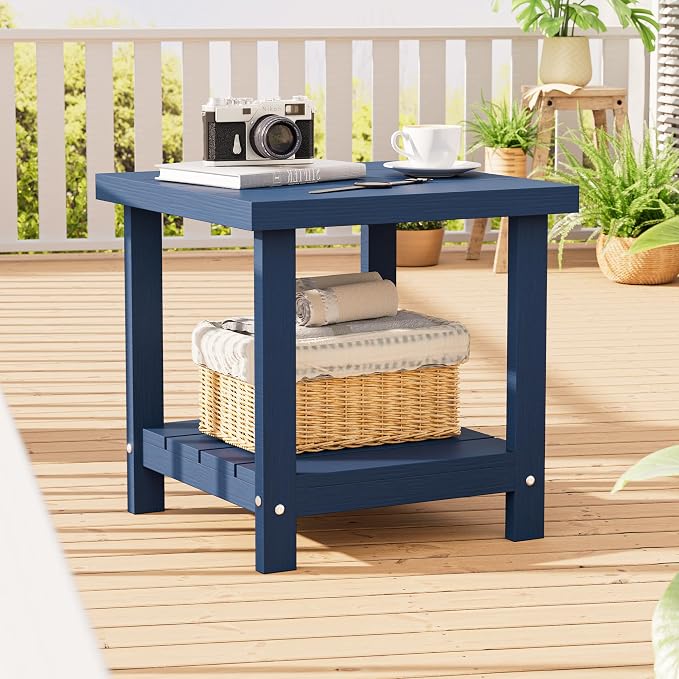 2-Tier HDPE Outdoor Square Side Table, Heavy-Duty Patio Side Table with Storage Shelf, Weather-Resistant Adirondack End Tables for Backyard, Pool, Porch, Garden, Lawn, Navy Blue
