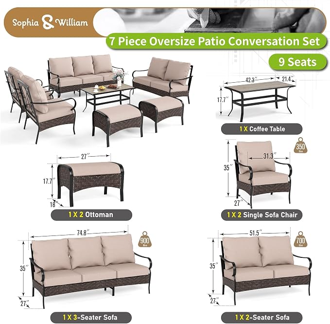 Sophia & William Patio Furniture Set, Outdoor Metal Conversation Set 9 Seats with 3-Seater Sofa, 2 Fix Chairs, 1 Loveseat, 2 Ottoman, 1 Coffee Table for Seating, Lawn Porch Backyard,Beige