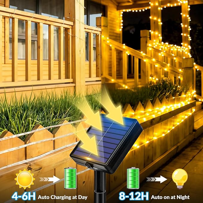 Solar Rope Lights, 20FT 60 LED Solar Fairy Lights with 8 Lighting Modes, IP65 Waterproof Strip Light Outdoor for Garden Yard Patio Deck Fence Tree Party Holiday Decoration, Warm White