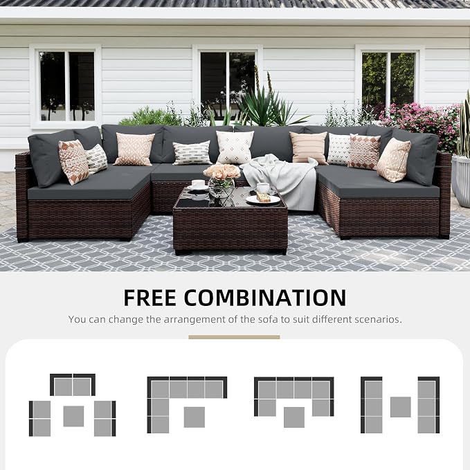 UPHA 7 Pieces Patio Furniture Sets, Wicker Outdoor Sectional Sofa Couch with Coffee Table, Patio Conversation Set for Deck Backyard Garden, Brown Rattan, Dark Gray Cushion