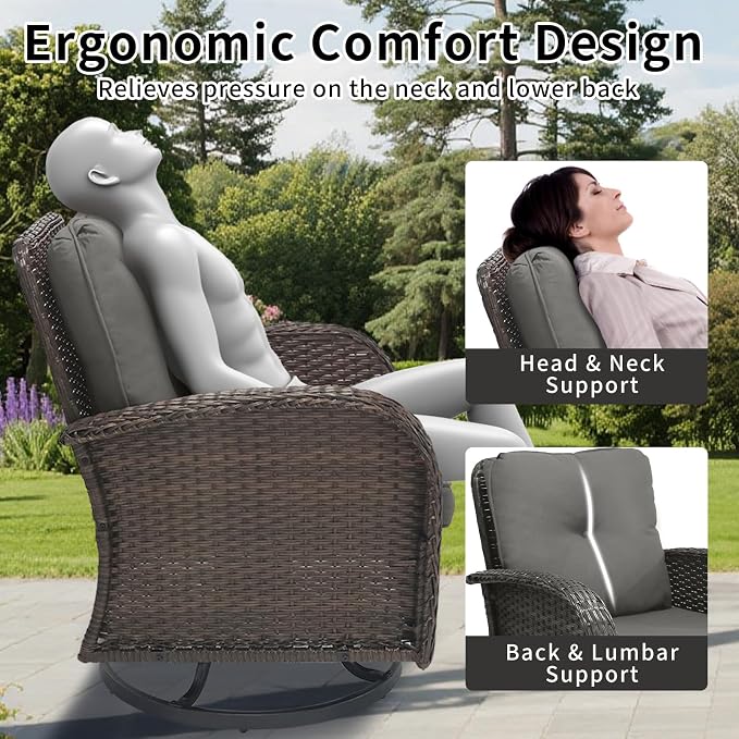Outdoor Swivel Rocker Patio Chairs 3 Pieces，Swivel Patio Chairs with Cushions，Outdoor Swivel Rocking Chairs Set of 2 with Rattan Side Table，Patio Furniture Set for Outside Porch Deck